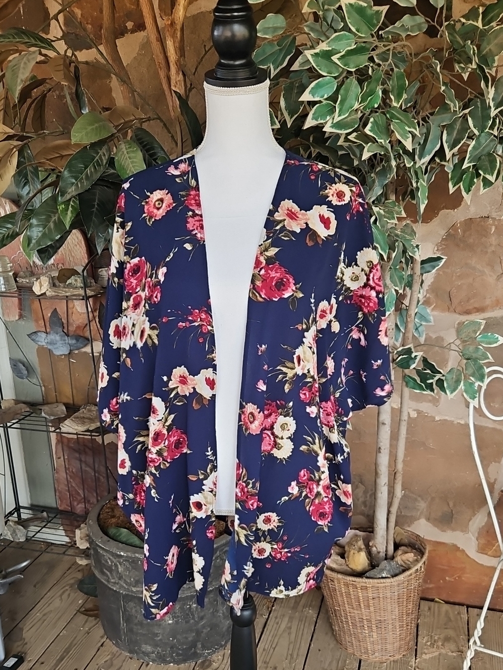 Floral Navy Open-Front Women's Kimono